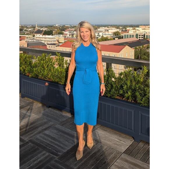 TOCCIN X RTR Blue Sleeveless Crewneck Racer-Front Tie Midi Dress Size Large - Picture 1 of 15